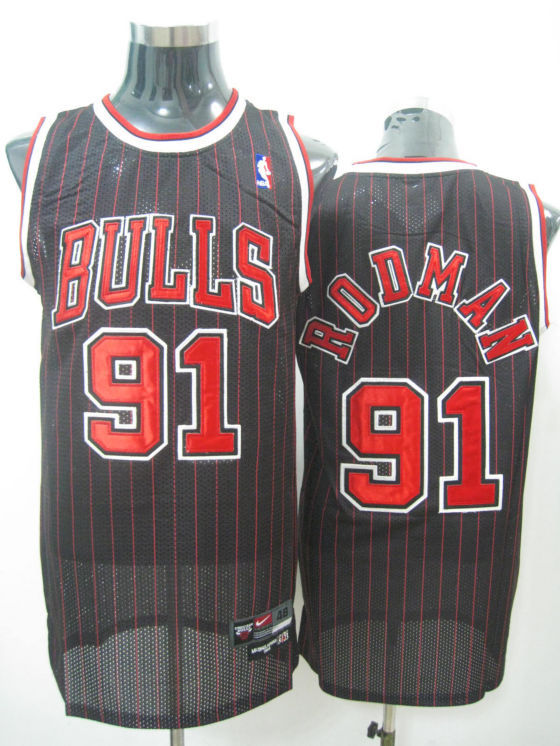 NBA Chicago Bulls 91 Dennis Rodman Black Red Stripe Authentic Throwback  Jersey